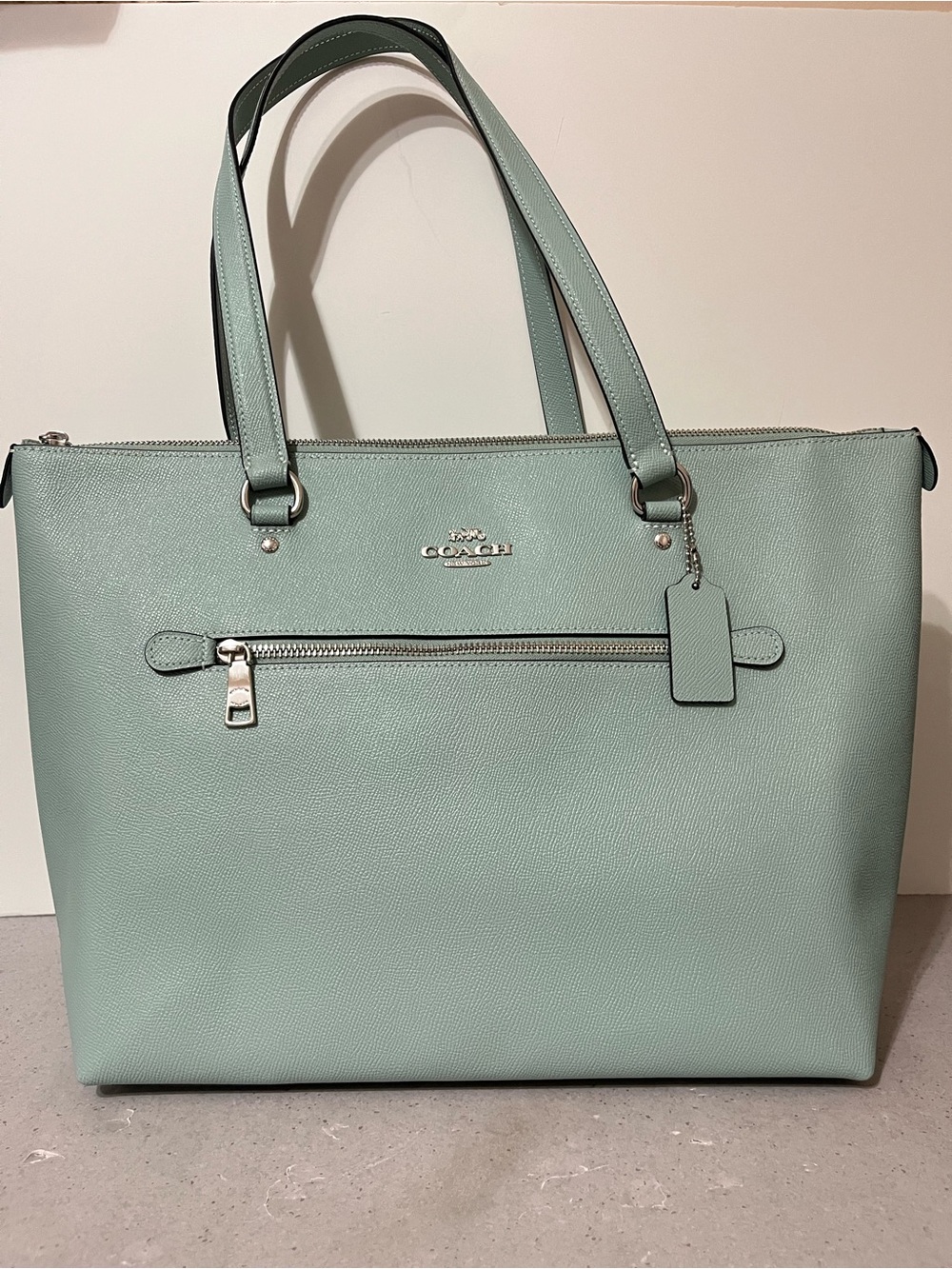 NWT Coach Gallery Tote Bag Light Teal Shoulder Zip Closure Leather Luxury Preppy